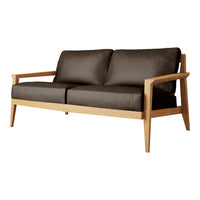 Modern brown sofa with plush cushions and light wood armrests, perfect for contemporary living spaces.