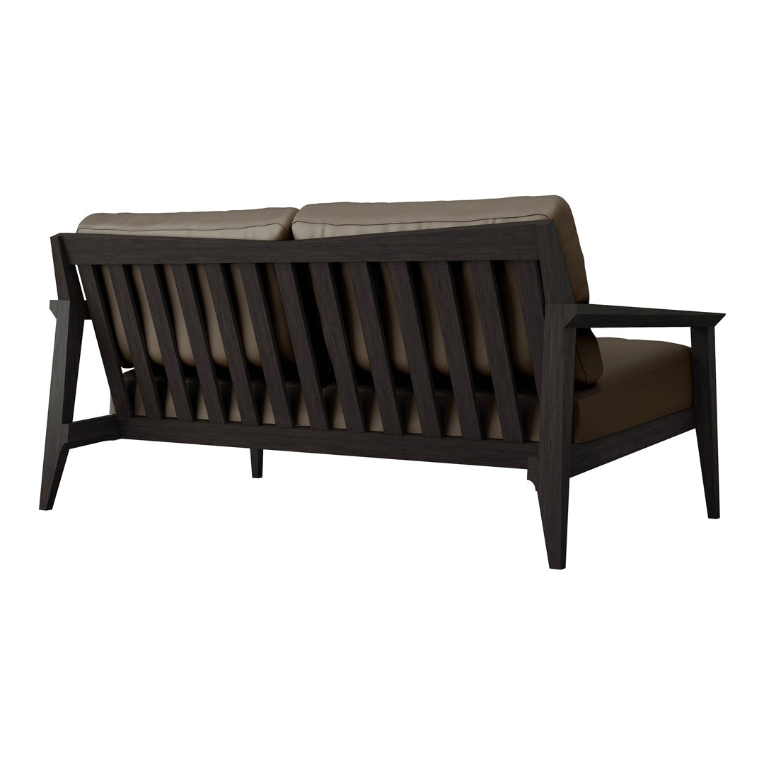 Dark wood frame with beige cushions, featuring a sleek, slatted back design for a modern look.