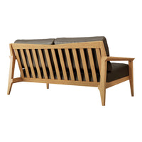 Modern wooden loveseat with a natural finish and gray upholstered cushions, featuring a slatted back design.