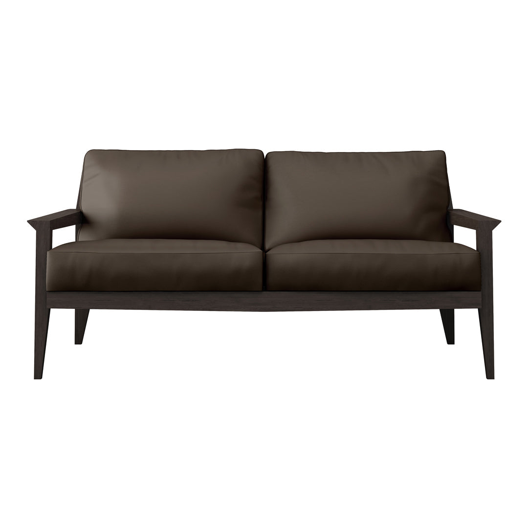 Brown upholstered loveseat with sleek wood arms and a minimalist design, featuring a smooth, solid color.