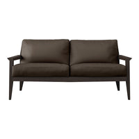 Brown upholstered loveseat with sleek wood arms and a minimalist design, featuring a smooth, solid color.