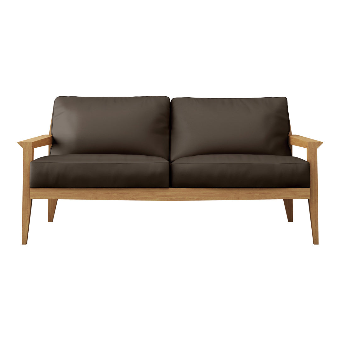 Brown upholstered sofa with light wood frame and mid-century modern design. Simple, stylish, and comfortable seating.