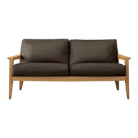 Brown upholstered sofa with light wood frame and mid-century modern design. Simple, stylish, and comfortable seating.