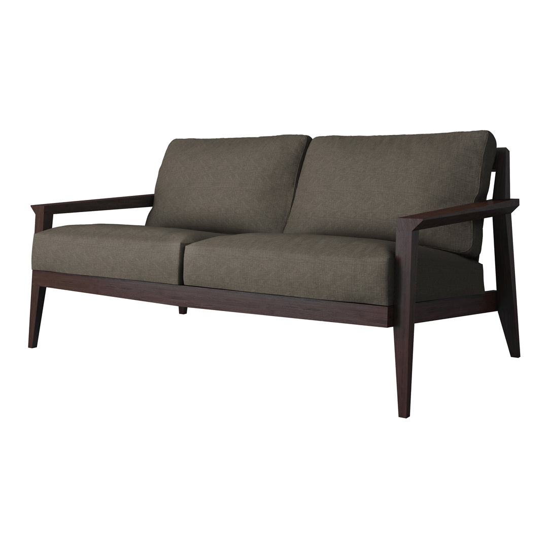 Olive green sofa with a smooth fabric texture and sleek dark wood legs, perfect for modern interiors.
