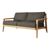 Dark gray fabric sofa with natural wood frame, featuring a simple, modern design and clean lines. Perfect for minimalist decor.