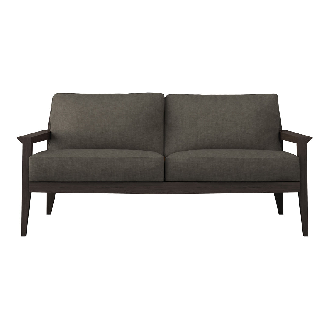 Stylish dark gray upholstery with a clean, modern design and wooden armrests, perfect for contemporary decor.