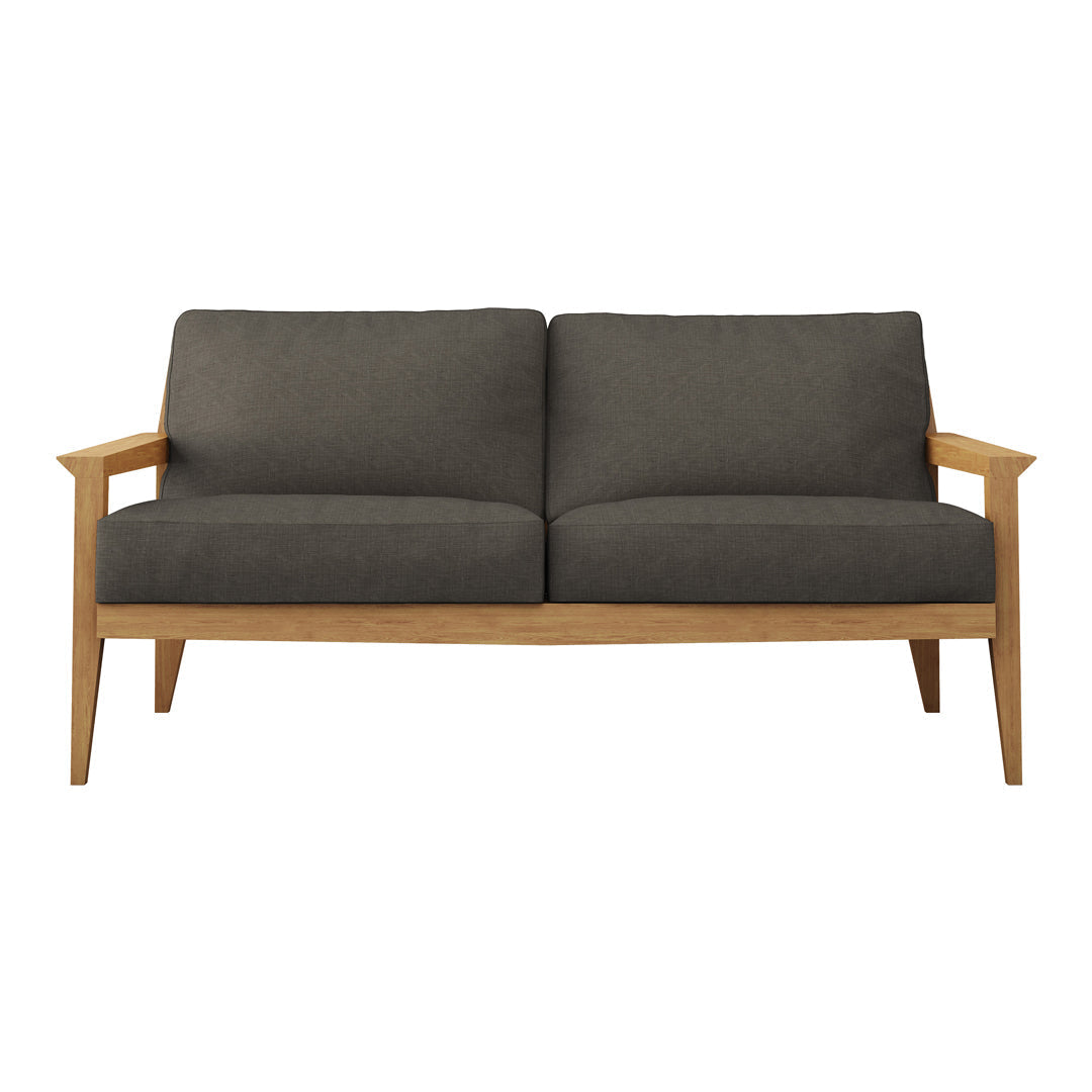 Gray upholstered sofa with a natural wood frame, featuring clean lines and minimalist design.