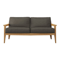 Gray upholstered sofa with a natural wood frame, featuring clean lines and minimalist design.