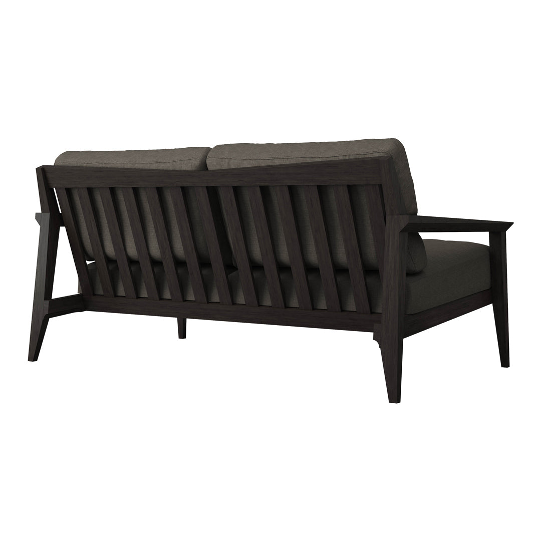 Dark gray upholstered sofa with a sleek, slatted wooden frame, showcasing a modern and minimalist design.