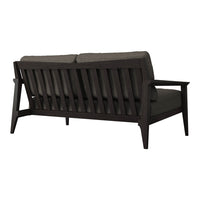 Dark gray upholstered sofa with a sleek, slatted wooden frame, showcasing a modern and minimalist design.