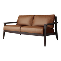 Brown upholstered sofa with a sleek design and dark wood frame, featuring smooth, minimalistic lines.