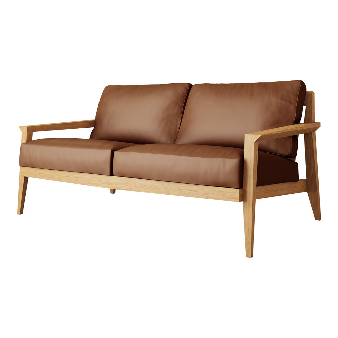 Brown upholstered couch with wooden arms and legs, featuring a sleek, modern design.