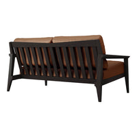 Brown cushions on a sleek black slatted frame, combining modern elegance with a warm color palette.