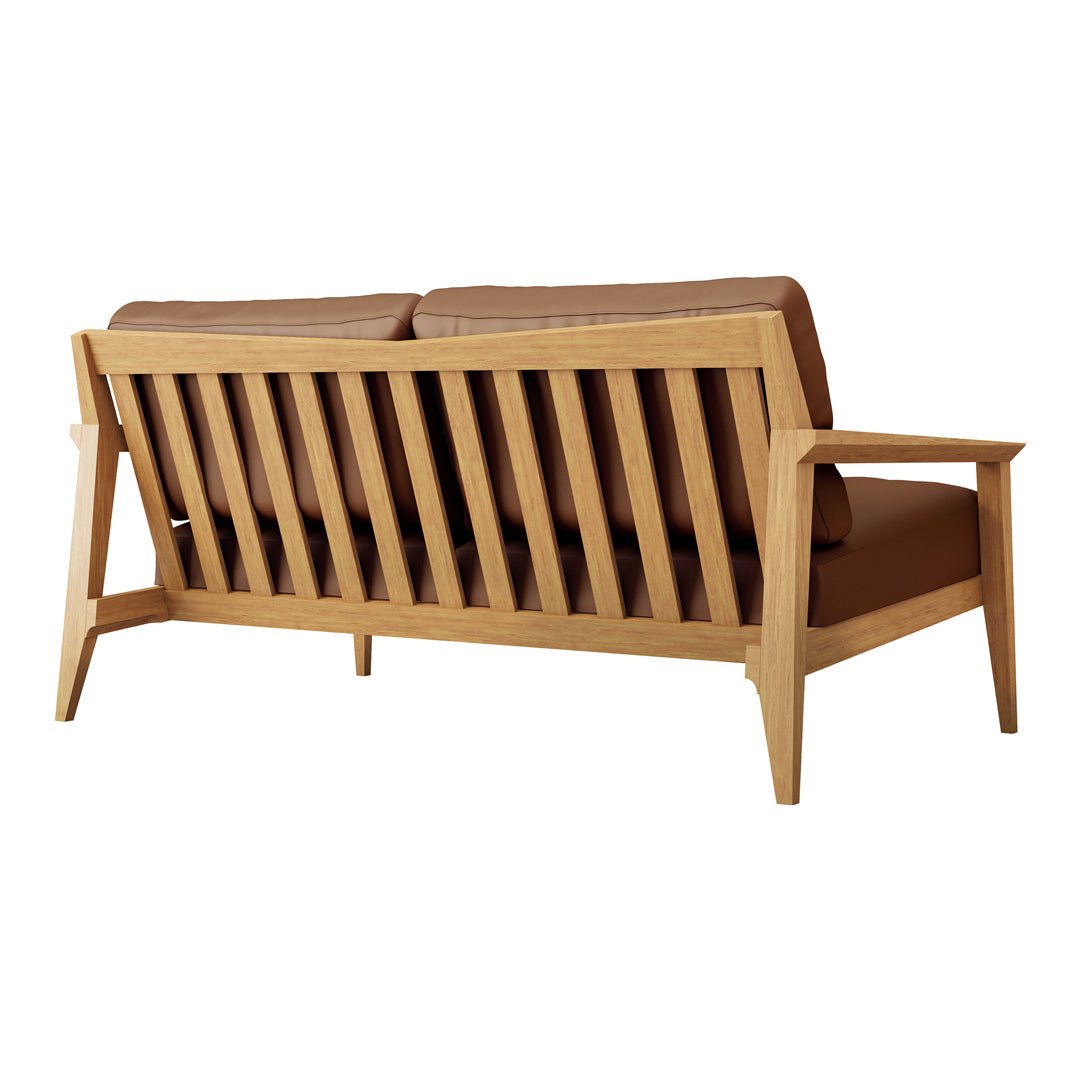 Wooden sofa with a natural oak finish and chocolate brown cushions, featuring a minimalist slatted design.