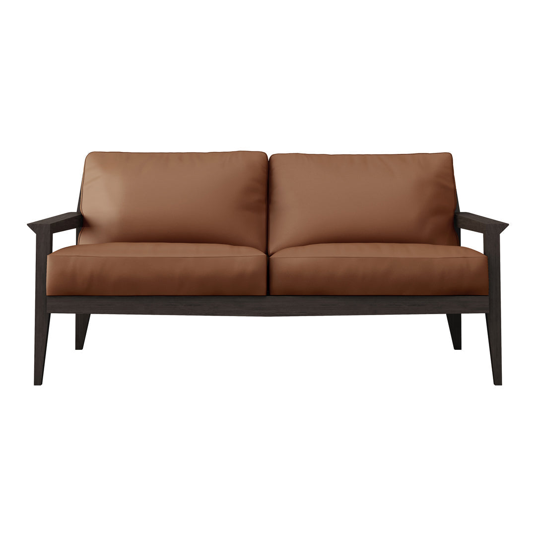 Brown leather loveseat with sleek black wooden legs, featuring a smooth, minimalist design. Perfect for modern decor.