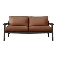 Brown leather loveseat with sleek black wooden legs, featuring a smooth, minimalist design. Perfect for modern decor.