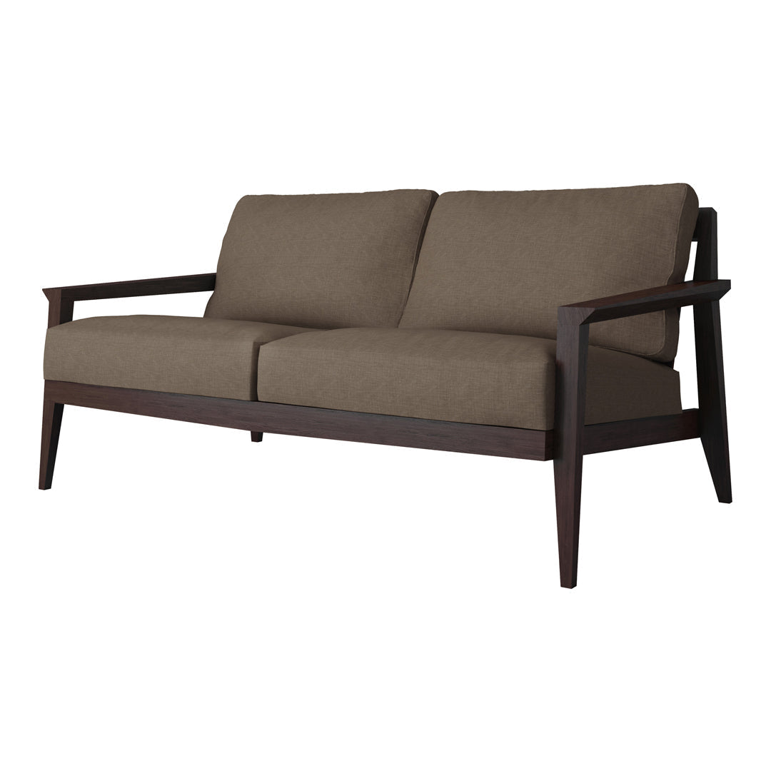 Mid-century modern sofa in deep brown fabric with clean lines and dark wood frame, perfect for minimalist decor.