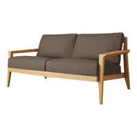 Brown fabric sofa with light wood frame, featuring a minimalist design and clean lines. Ideal for modern interiors.