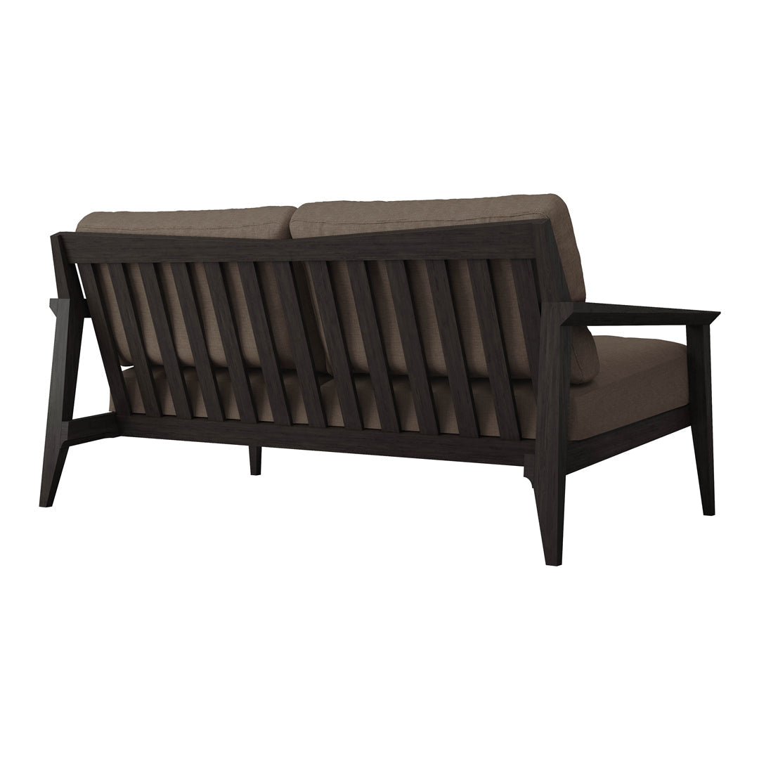 Dark wooden frame with neutral brown cushions, featuring a sleek, slatted design for a modern look.