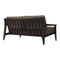Dark wooden frame with neutral brown cushions, featuring a sleek, slatted design for a modern look.
