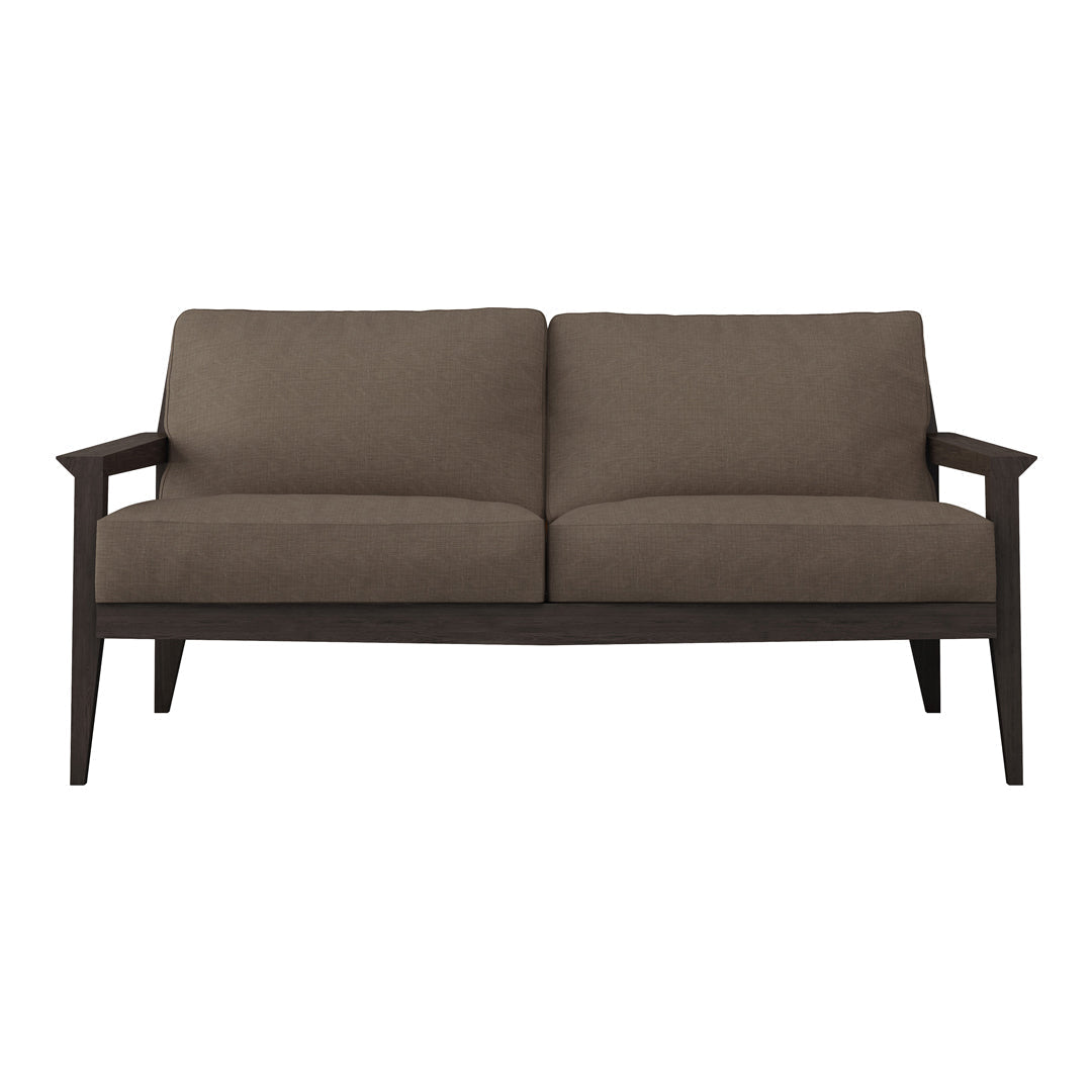 Modern brown fabric sofa with clean lines and dark wooden legs, perfect for contemporary living spaces.