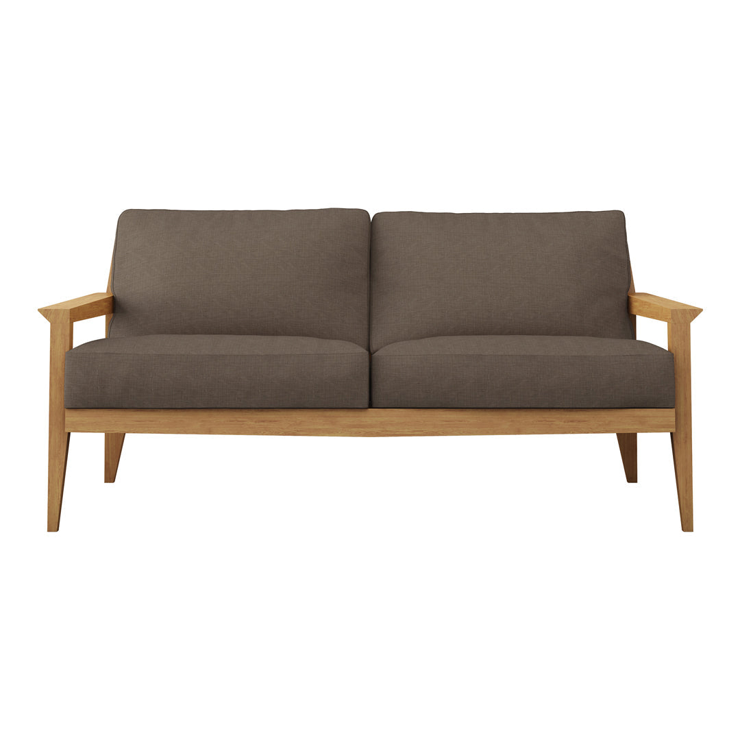 Brown upholstered sofa with light wooden arms and legs, featuring a minimalist design and no patterns.