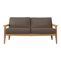 Brown upholstered sofa with light wooden arms and legs, featuring a minimalist design and no patterns.