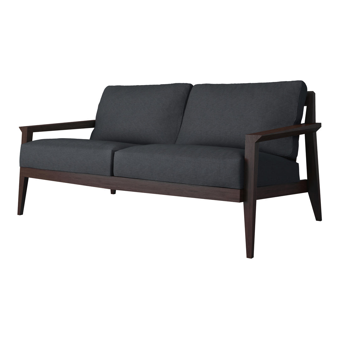 Gray upholstered sofa with dark wooden frame and minimalist design, featuring clean lines and modern style.