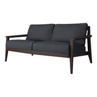 Gray upholstered sofa with dark wooden frame and minimalist design, featuring clean lines and modern style.