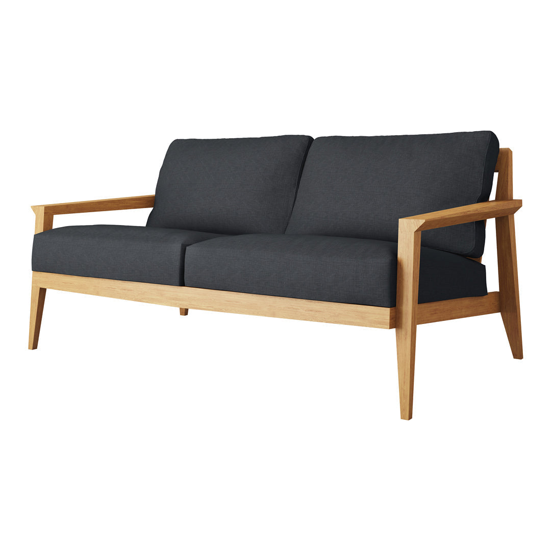 Modern two-seater sofa with charcoal gray fabric cushions and natural wood frame, adding sleek elegance to any space.