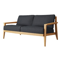 Modern two-seater sofa with charcoal gray fabric cushions and natural wood frame, adding sleek elegance to any space.