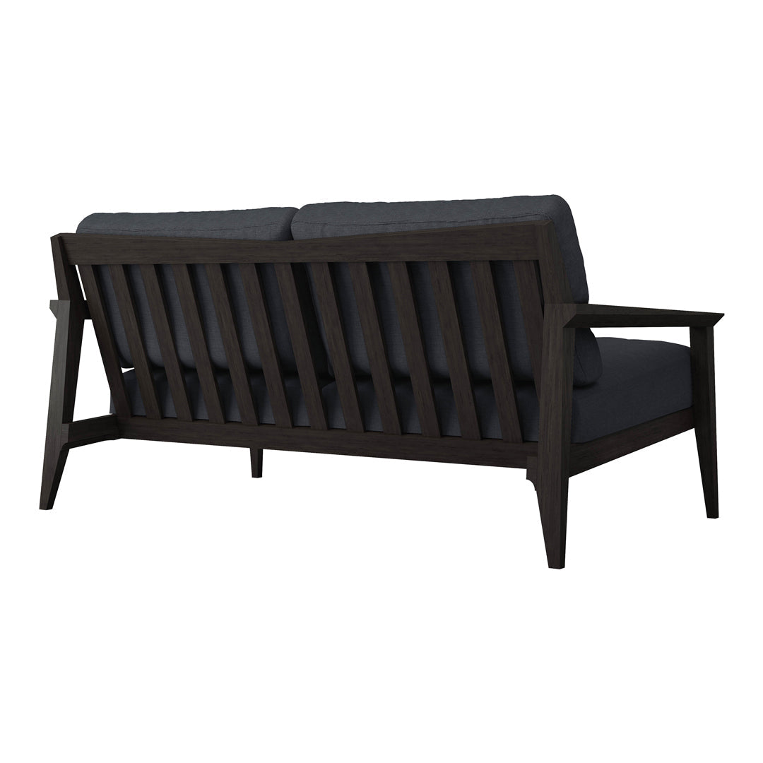 Dark wood frame with charcoal gray cushions, featuring a sleek, horizontal slatted design for a modern look.