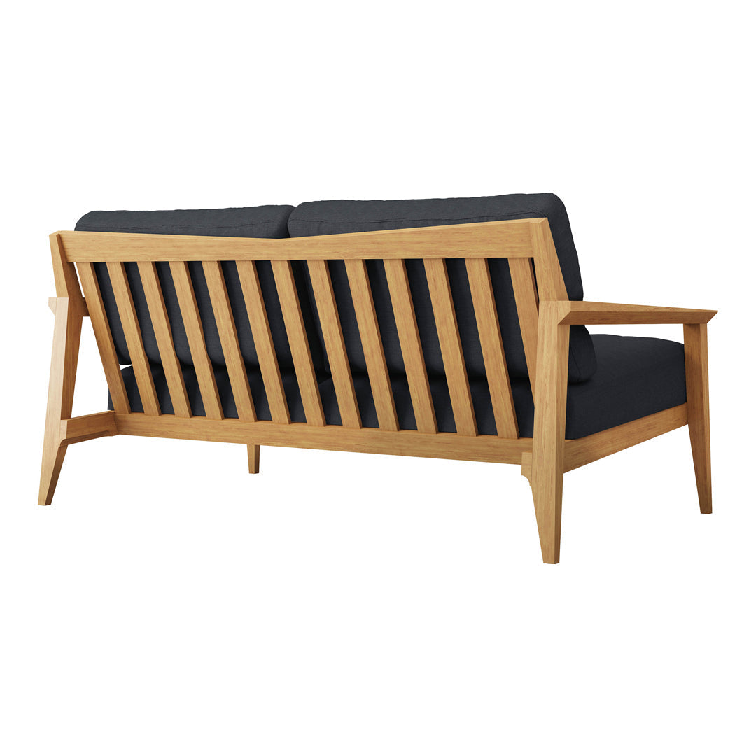 Back view of a wooden sofa featuring a natural wood finish and dark gray cushions for a modern look.