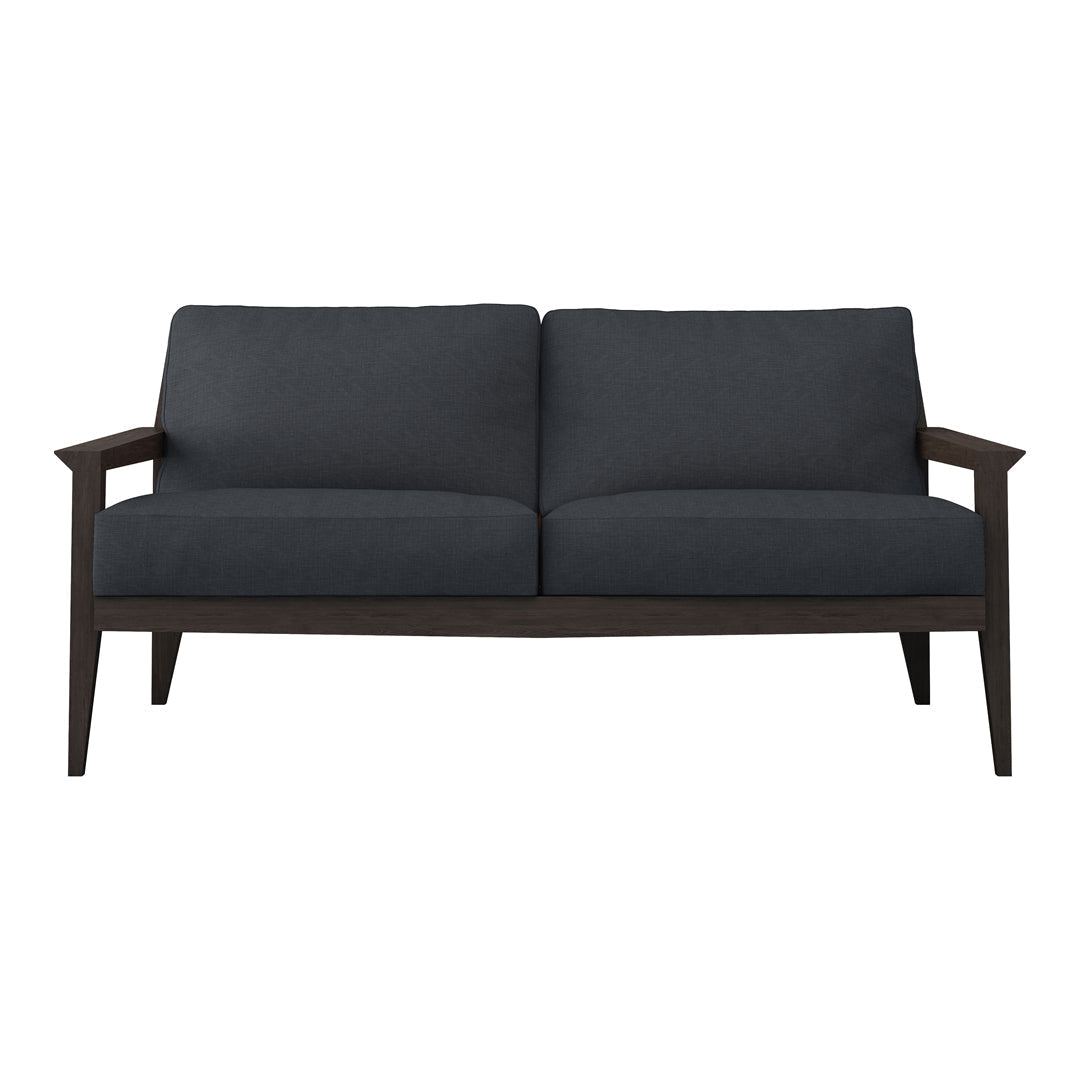 Dark gray fabric sofa with a sleek wooden frame and minimalist design, perfect for modern living spaces.
