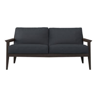 Dark gray fabric sofa with a sleek wooden frame and minimalist design, perfect for modern living spaces.