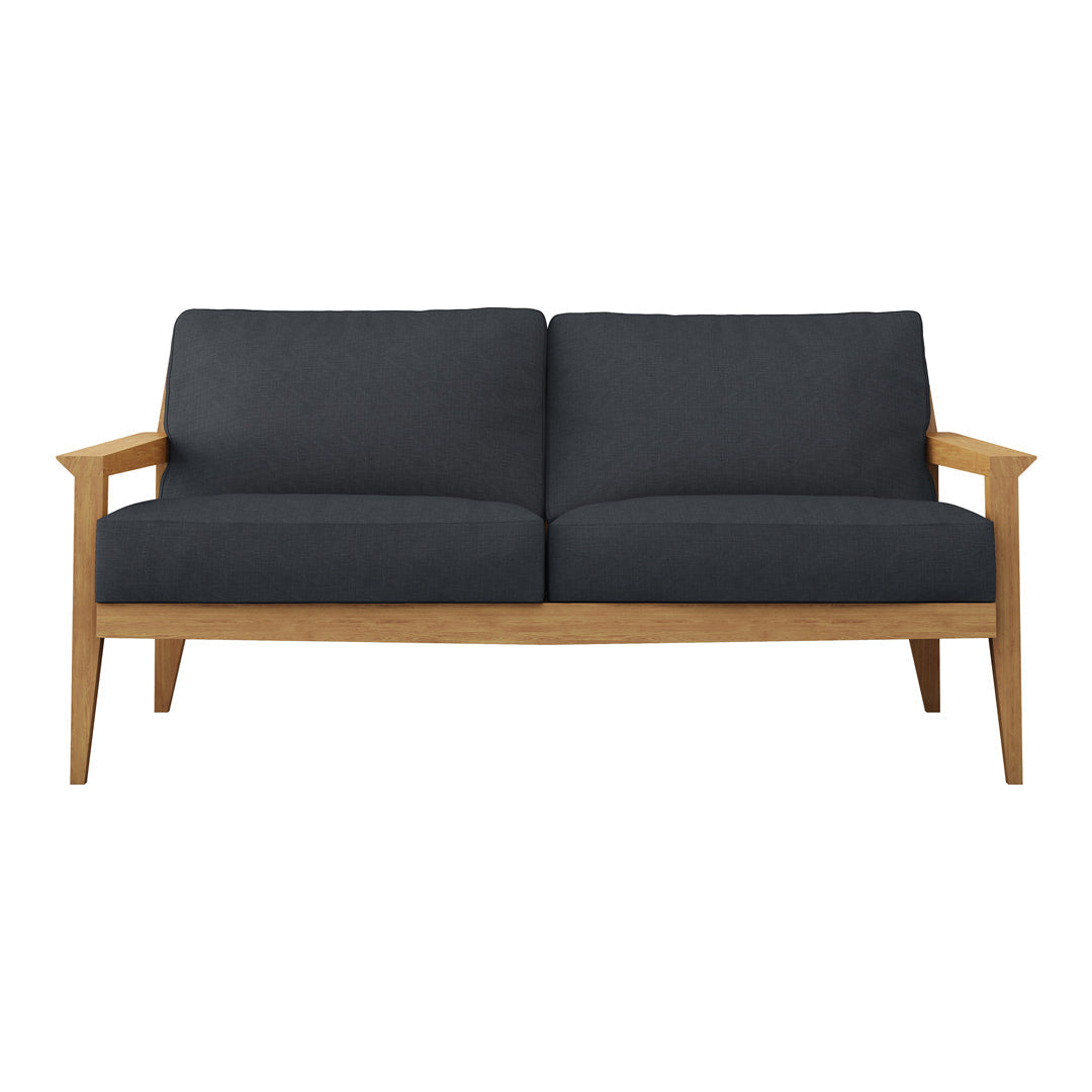 Dark gray upholstered sofa with light wooden arms and legs, featuring a sleek, minimalistic design.