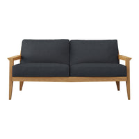 Dark gray upholstered sofa with light wooden arms and legs, featuring a sleek, minimalistic design.