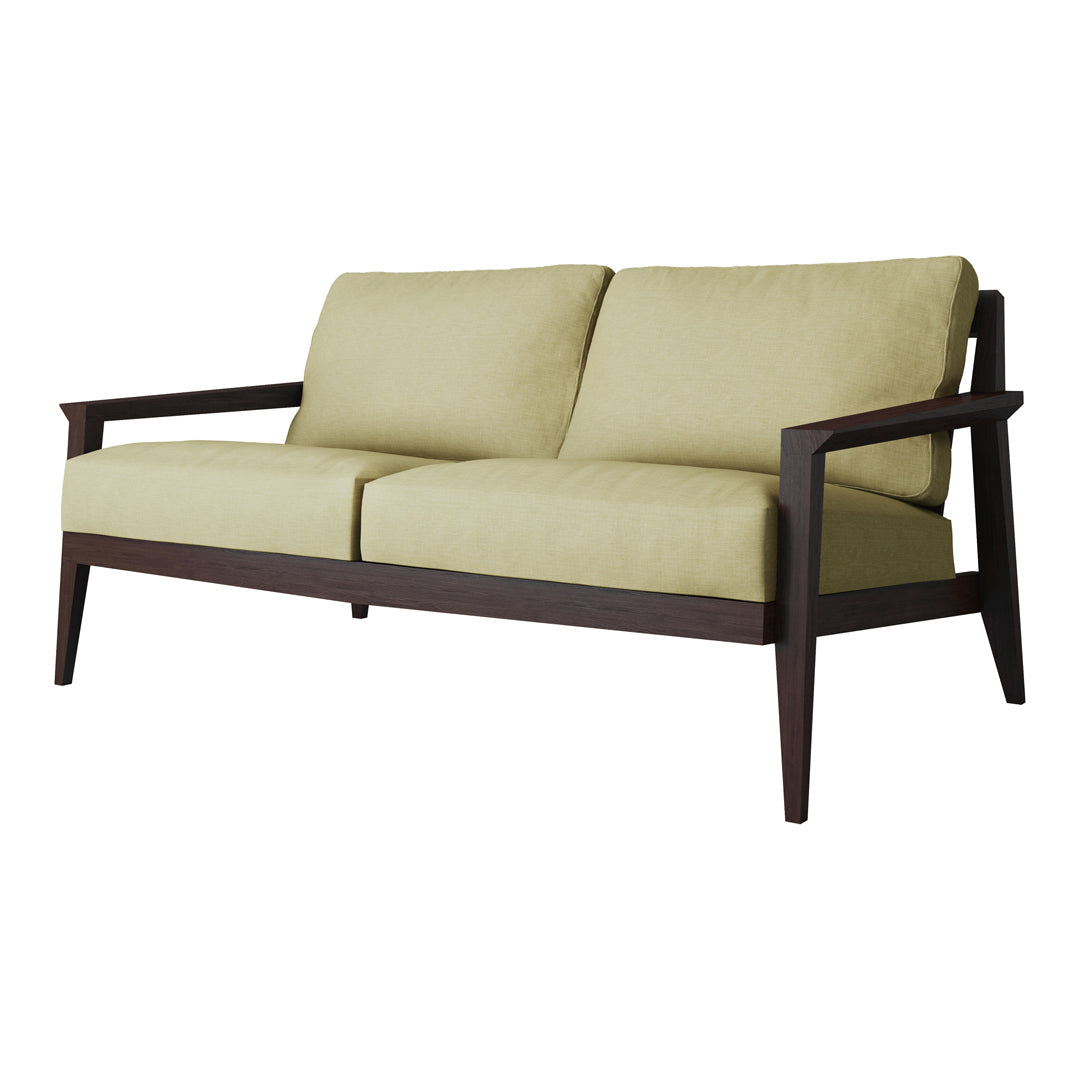 Olive green fabric sofa with dark wood frame, featuring simple, modern lines and plush cushions for comfort.