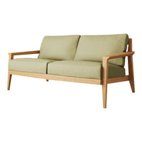 Light green cushions with a smooth texture on a natural wood frame, showcasing a minimalist design.