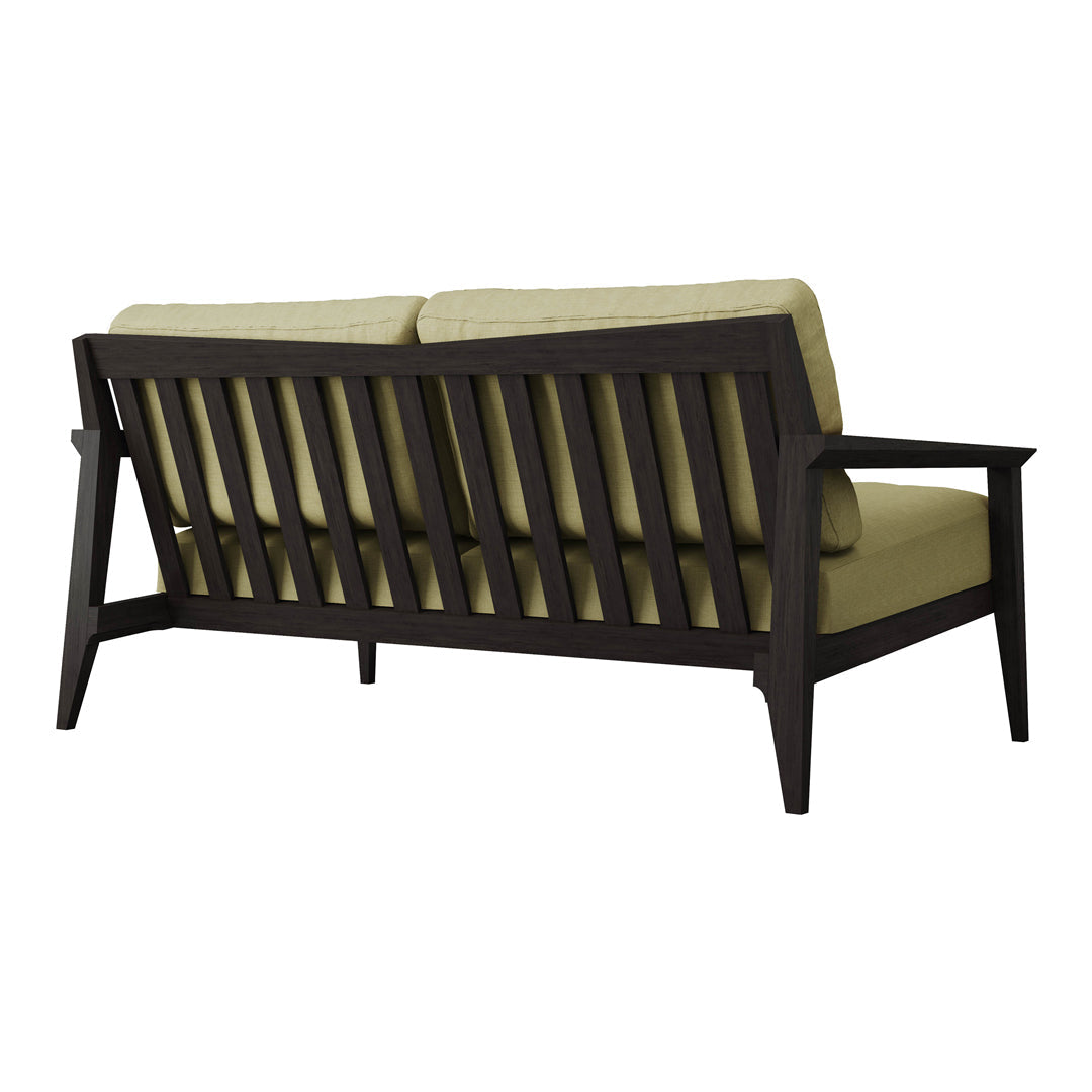 Modern two-seater sofa with dark wood frame and light olive green cushions. Clean lines and sleek design.