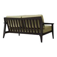 Modern two-seater sofa with dark wood frame and light olive green cushions. Clean lines and sleek design.
