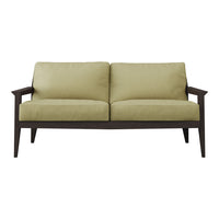 Olive green sofa with a minimalist design and dark wooden legs, perfect for modern living spaces.