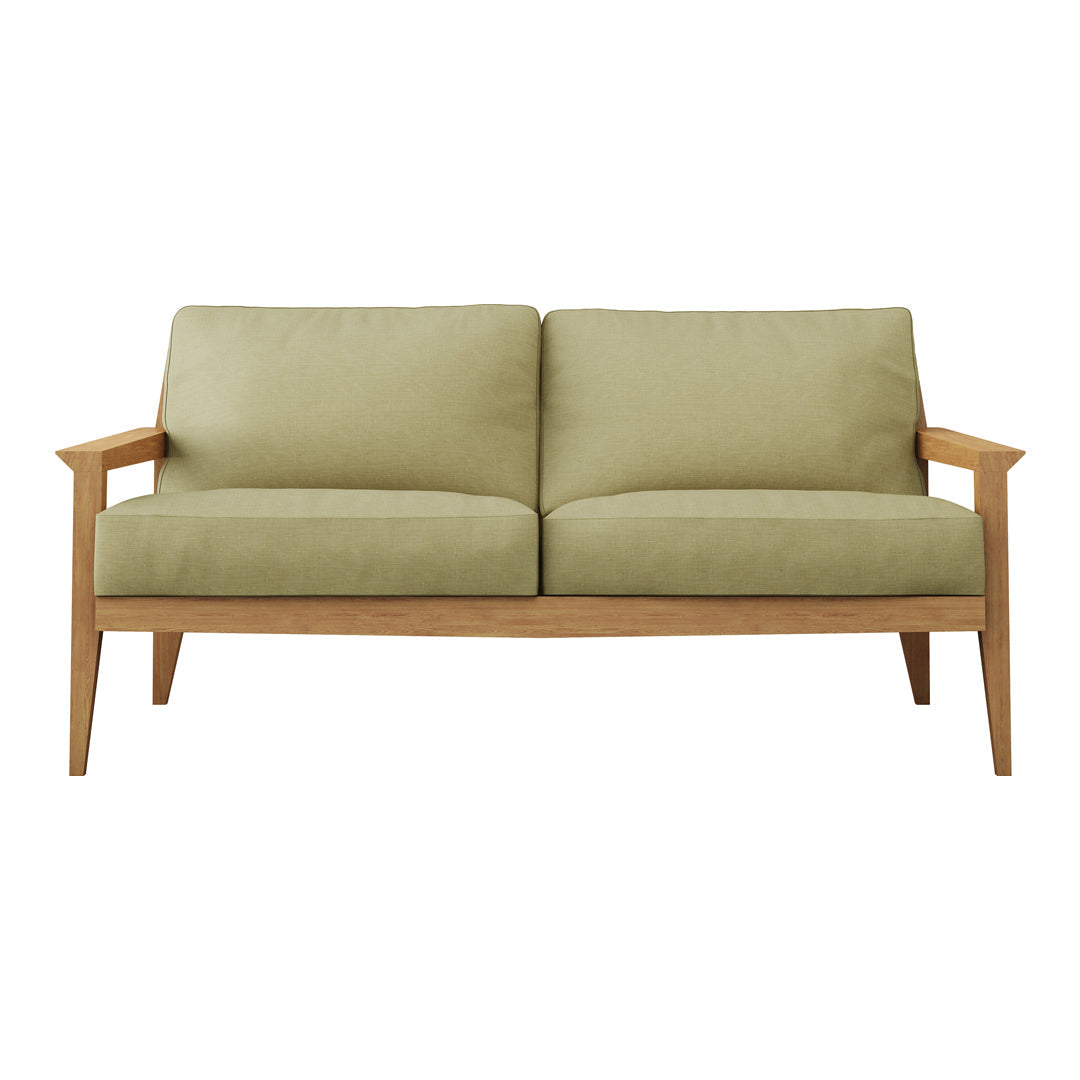 Light green fabric sofa with wooden arms and legs, featuring a simple, modern design. Perfect for any living space.