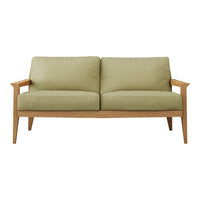 Light green fabric sofa with wooden arms and legs, featuring a simple, modern design. Perfect for any living space.
