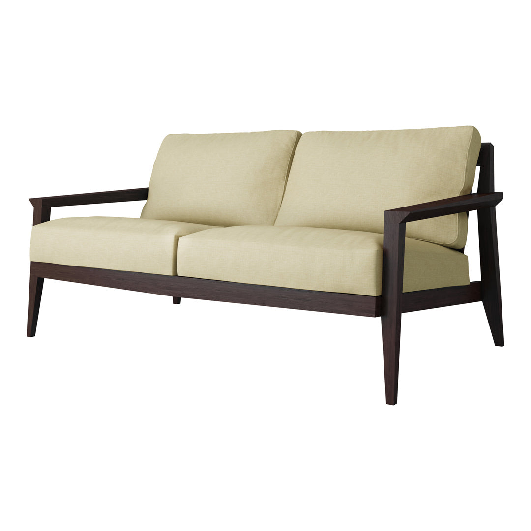 Beige upholstery with smooth texture, complemented by a dark wooden frame. Modern, minimalist two-seater design.