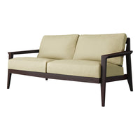 Beige upholstery with smooth texture, complemented by a dark wooden frame. Modern, minimalist two-seater design.