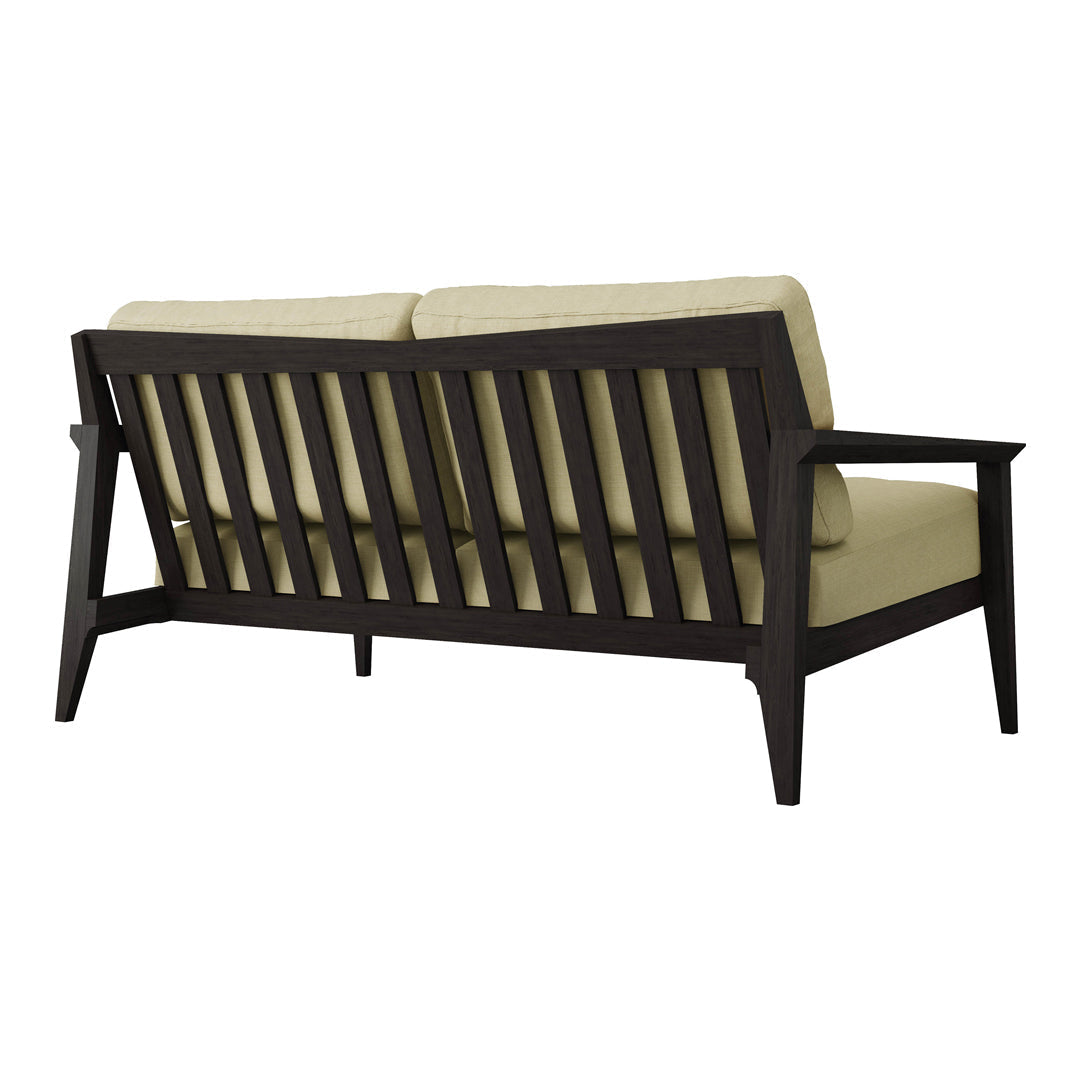 Dark wood frame sofa with beige cushions, featuring a slatted back design and minimalist modern aesthetic.