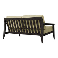 Dark wood frame sofa with beige cushions, featuring a slatted back design and minimalist modern aesthetic.