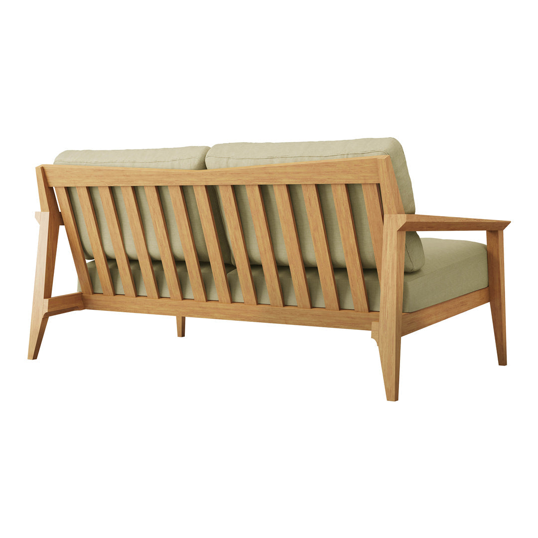 Light gray cushions on a natural wood frame with slatted back, showcasing a modern, minimalist design.