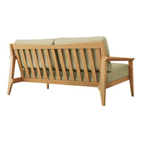 Light gray cushions on a natural wood frame with slatted back, showcasing a modern, minimalist design.